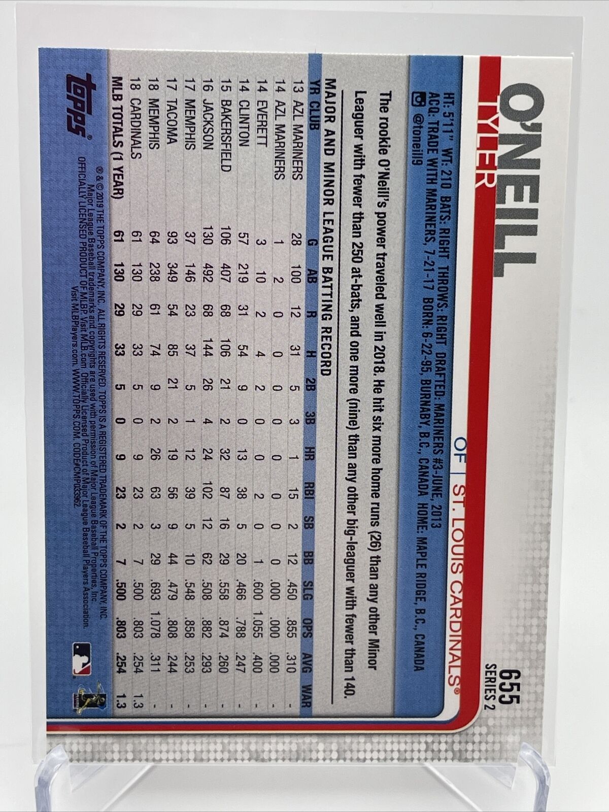 2019 Topps Tyler O'Neill Baseball Card #655 Mint FREE SHIPPING