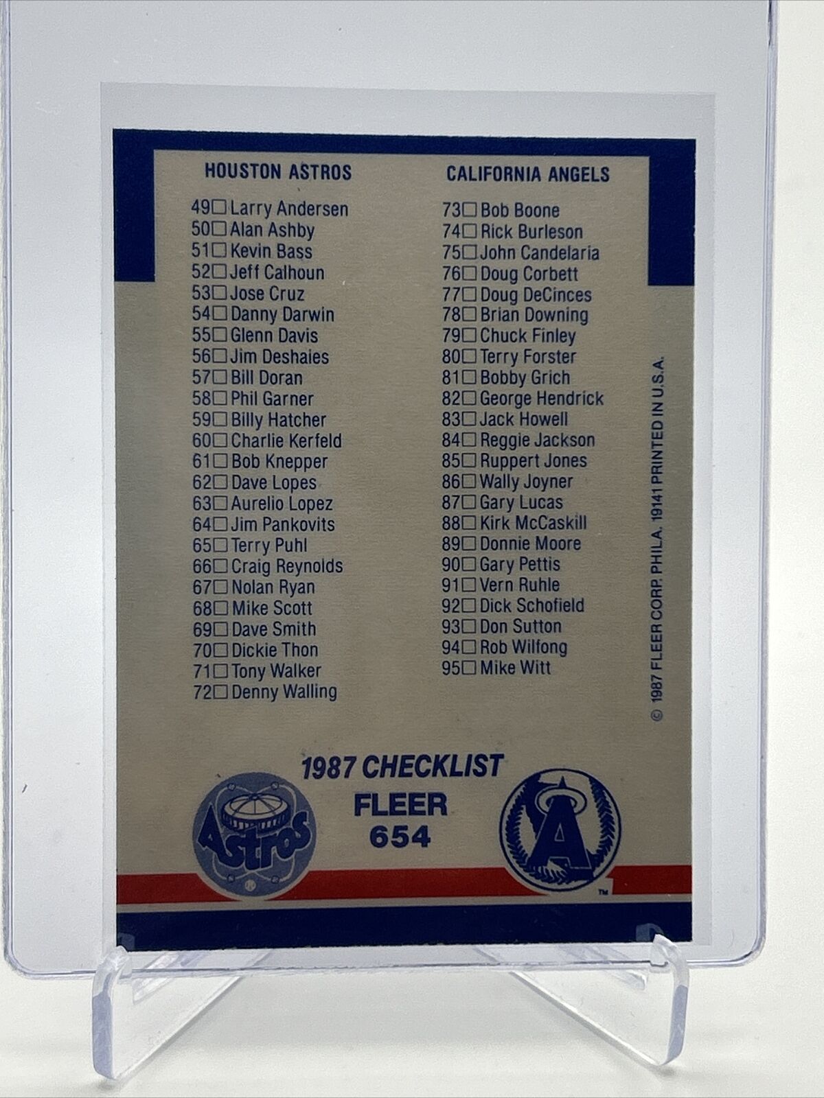 1987 Fleer Checklist: Mets/Red Sox/Astros/Angels Card #654 Mint FREE SHIPPING