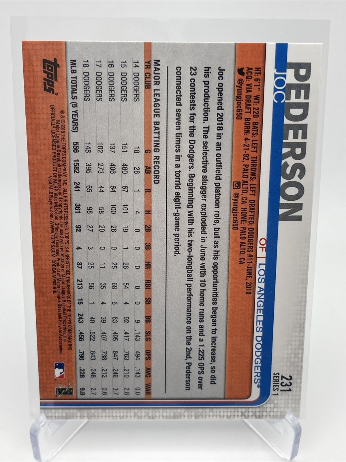 2019 Topps Joc Pederson Baseball Card #231 Mint FREE SHIPPING