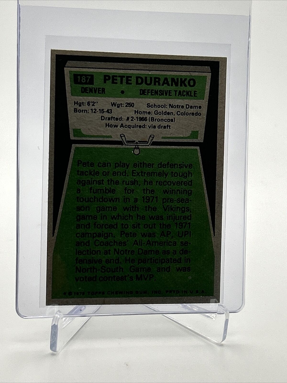 1975 Topps Pete Duranko Football Card #187 NM Quality FREE SHIPPING