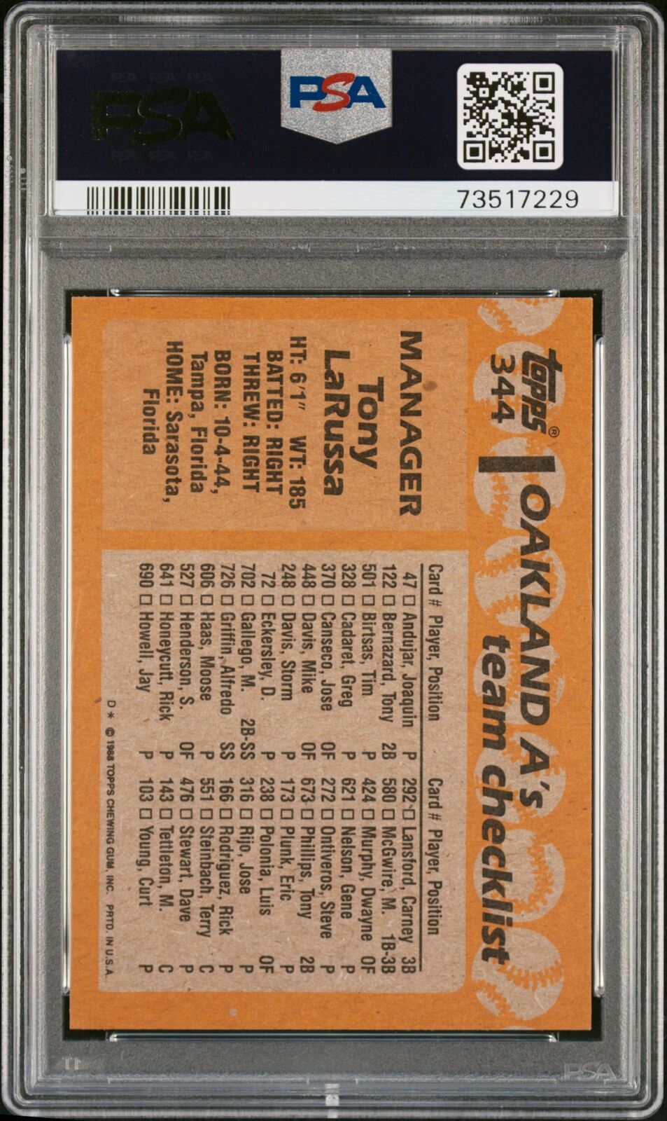 1988 Topps Baseball Tony Larussa #344 PSA 8 73517229