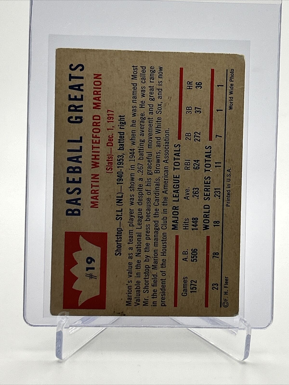 1960 Fleer Baseball Greats Marty Marion Card #19 VG Quality FREE SHIPPING