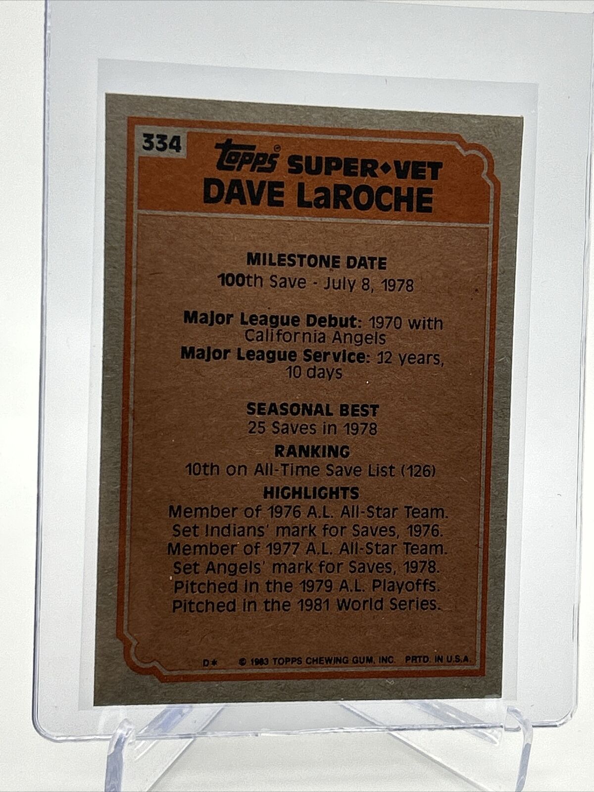 1983 Topps Dave LaRoche Baseball Card #334 NM-Mint FREE SHIPPING
