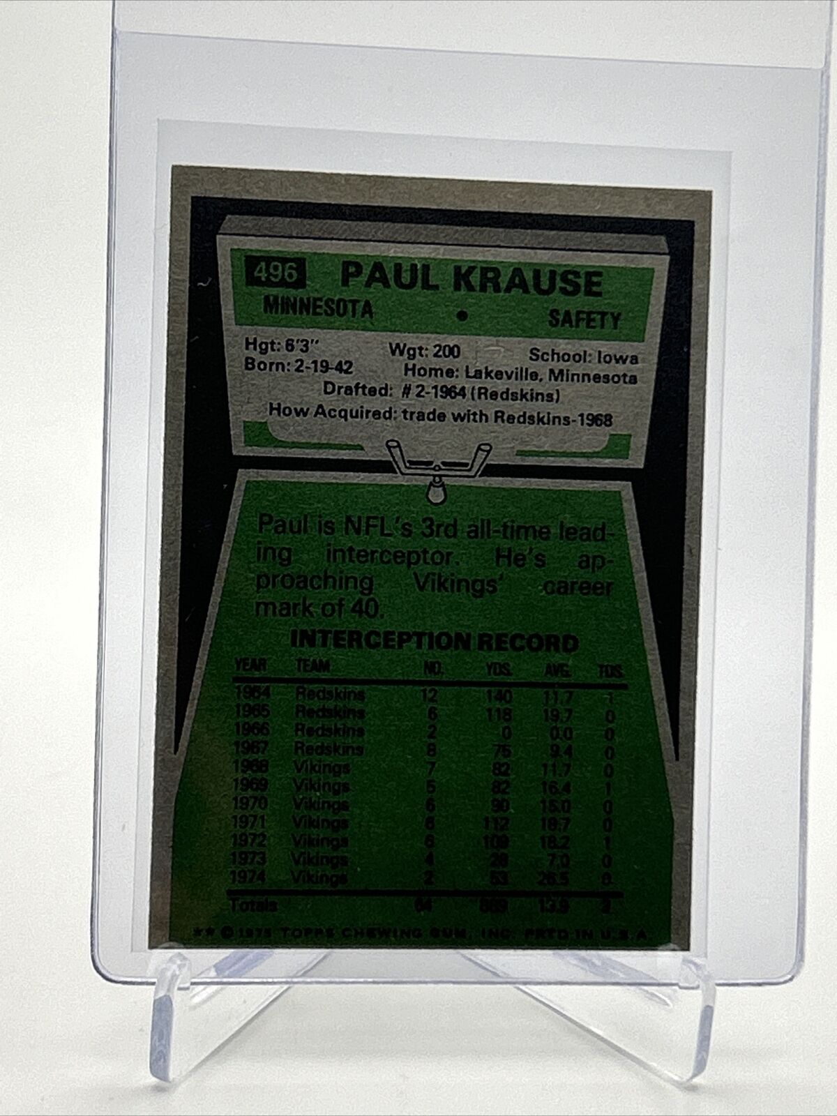 1975 Topps Paul Krause Football Card #496 NM Quality FREE SHIPPING