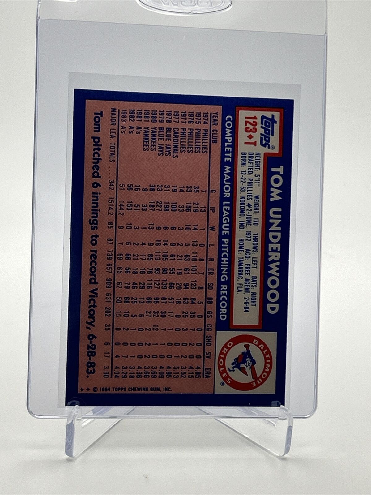 1984 Topps Traded TIFFANY Tom Underwood Card #123T NM-MT FREE SHIPPING