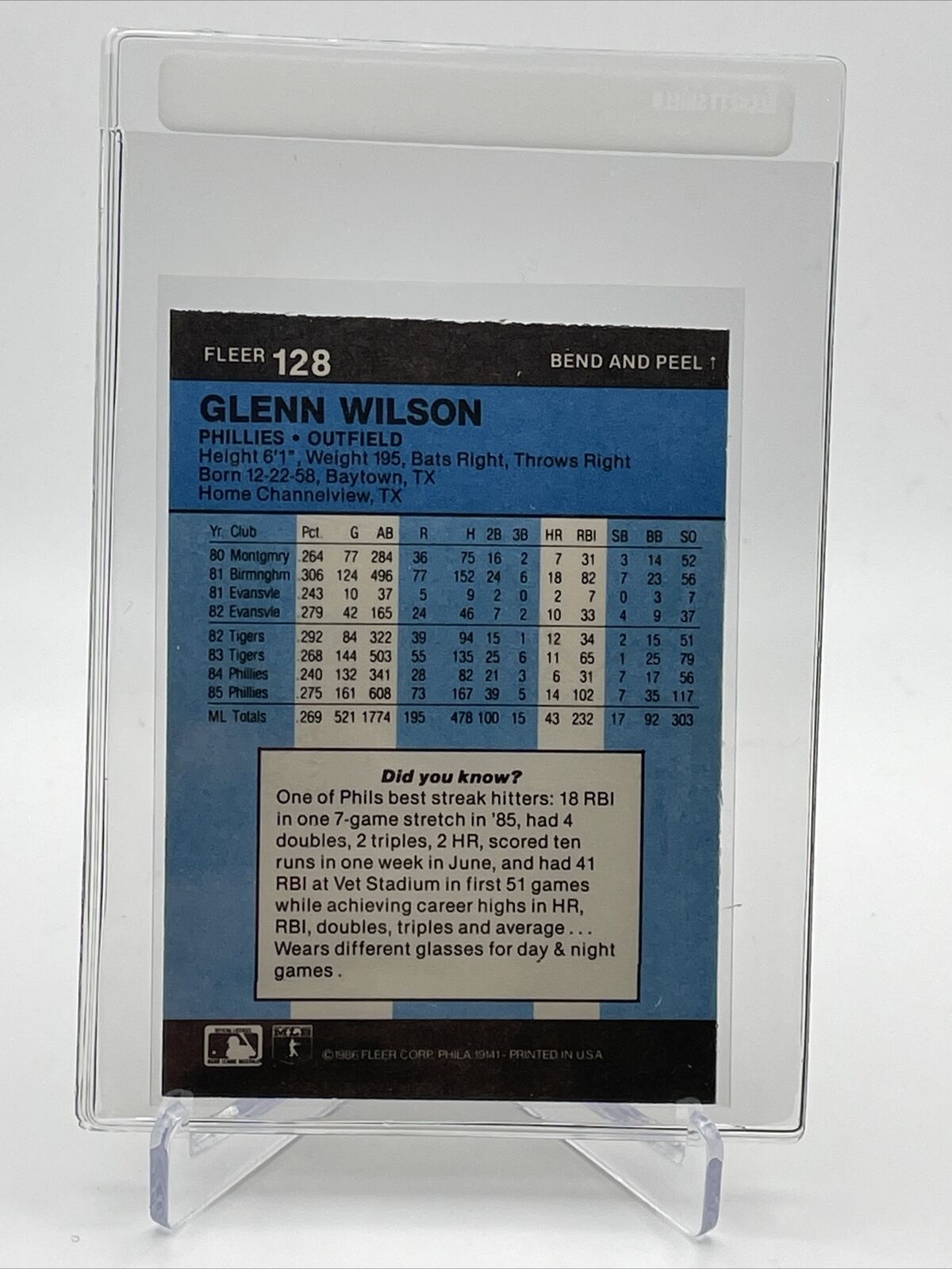 1986 Fleer Star Stickers Glenn Wilson Baseball Card #128 NM-MT FREE SHIPPING