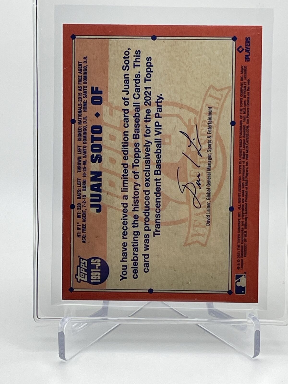 2021 Topps Transcendent Juan Soto Baseball Card #1991-JS 35/95 1991 Topps