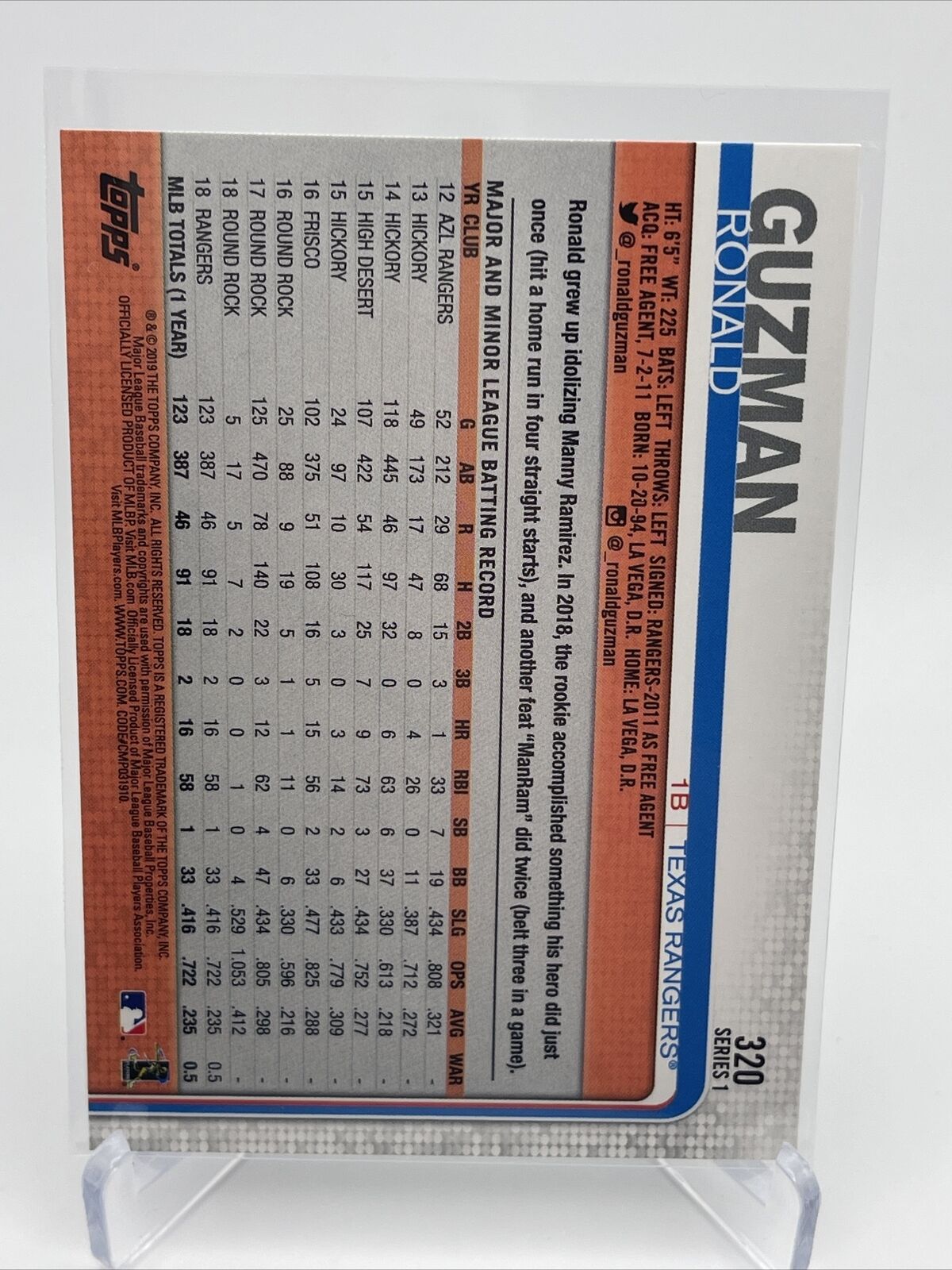2019 Topps Ronald Guzman Baseball Card #320 Mint FREE SHIPPING