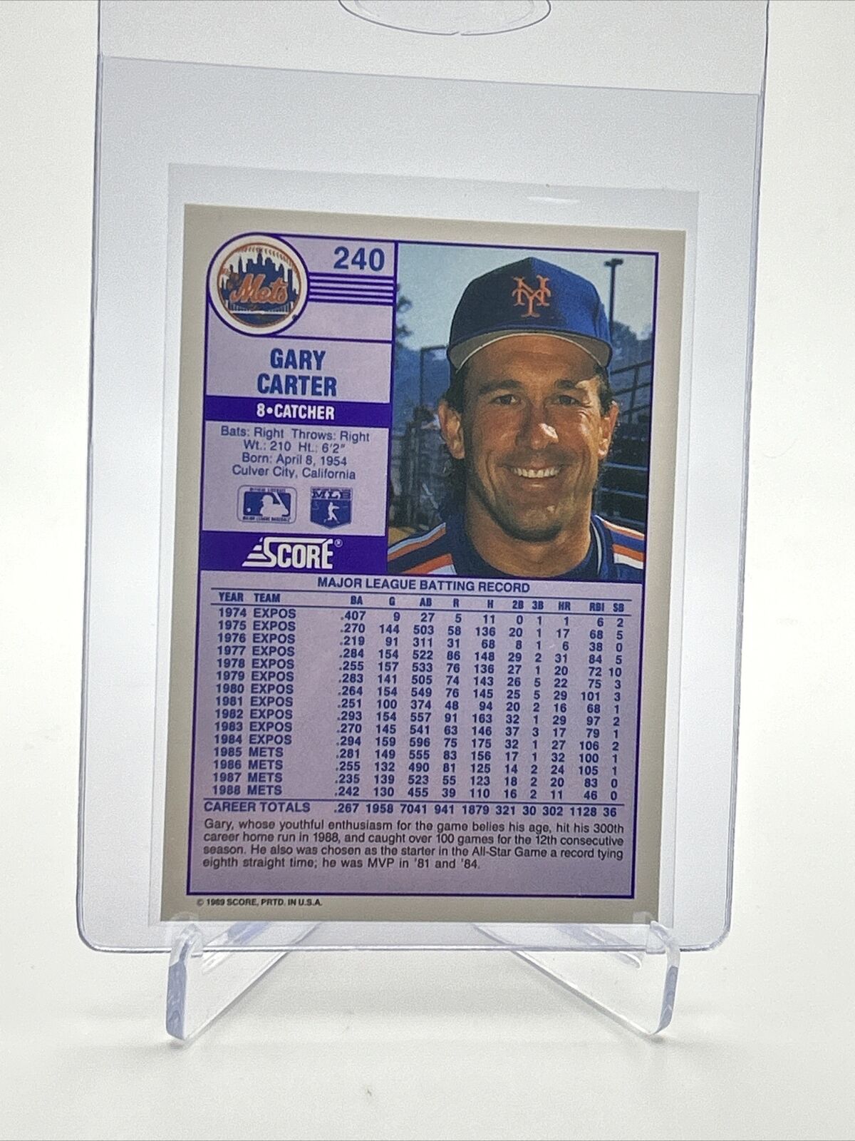 1989 Score Gary Carter Baseball Card #240 Mint FREE SHIPPING