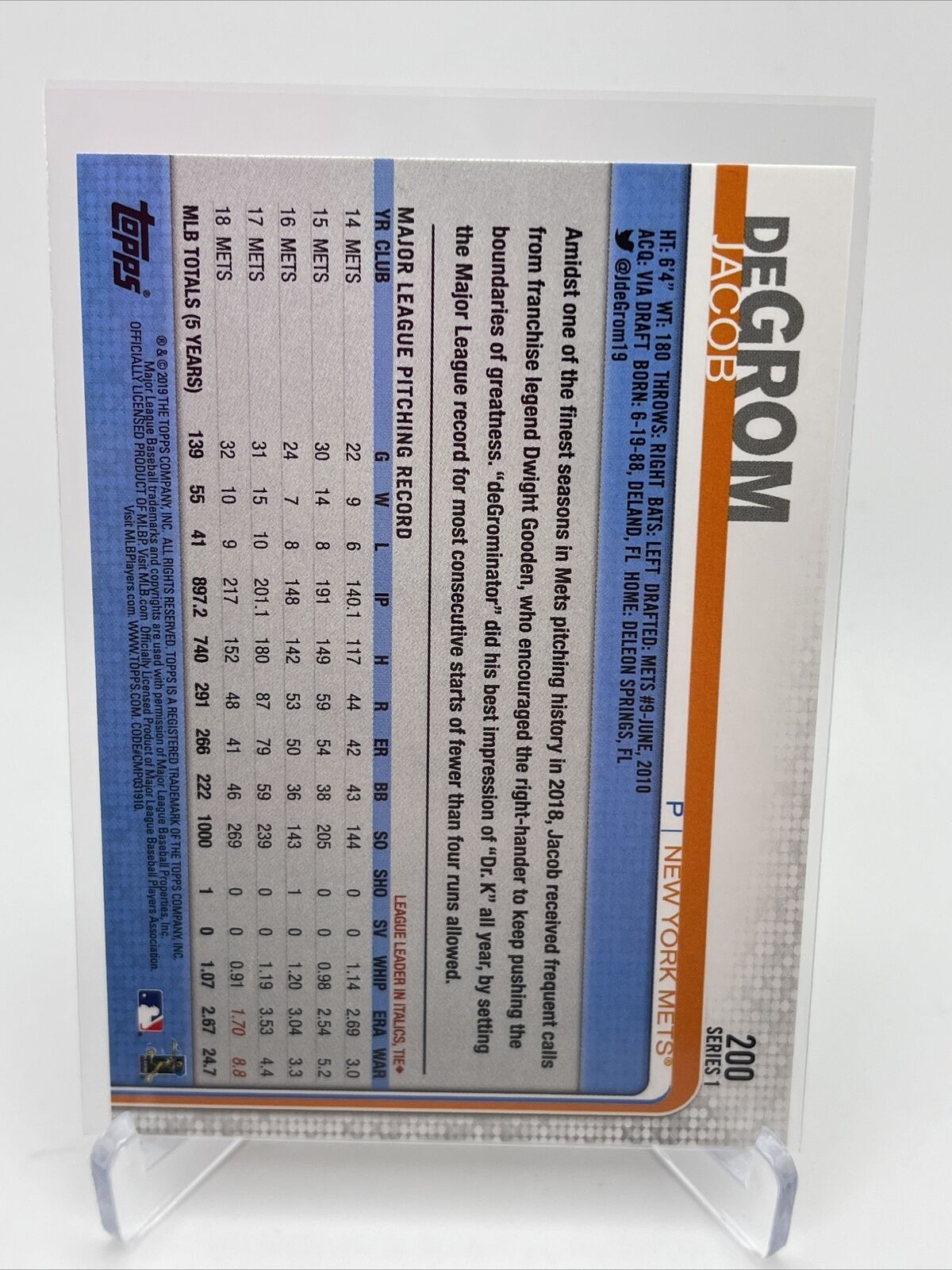 2019 Topps Jacob deGrom Baseball Card #200 Mint FREE SHIPPING