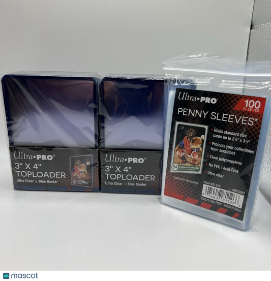 Ultra Pro 3X4 BLUE BORDER Toploaders 35pt 2 Packs of 25  AND 100 SLEEVES