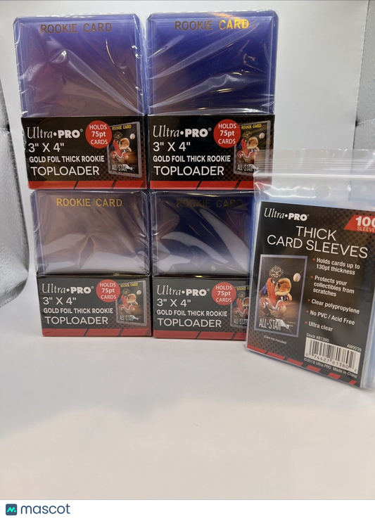 Ultra Pro 3X4 Gold Rookie 75pt Toploaders 4 Packs of 25 AND 100 THICK SLEEVES