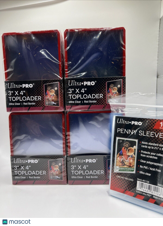 Ultra Pro 3X4 RED BORDER Toploaders 35pt 4 Packs of 25 AND 100 SLEEVES