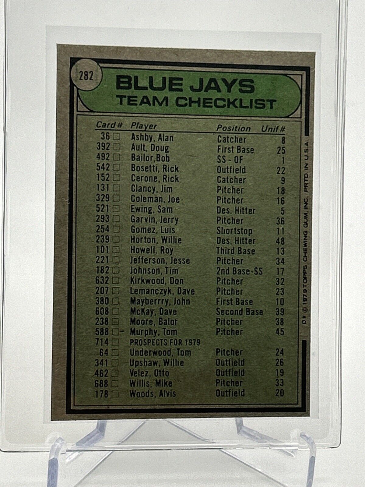 1979 Topps Toronto Blue Jays/Roy Hartsfield Card #282 Near Mint #2 FREE SHIPPING