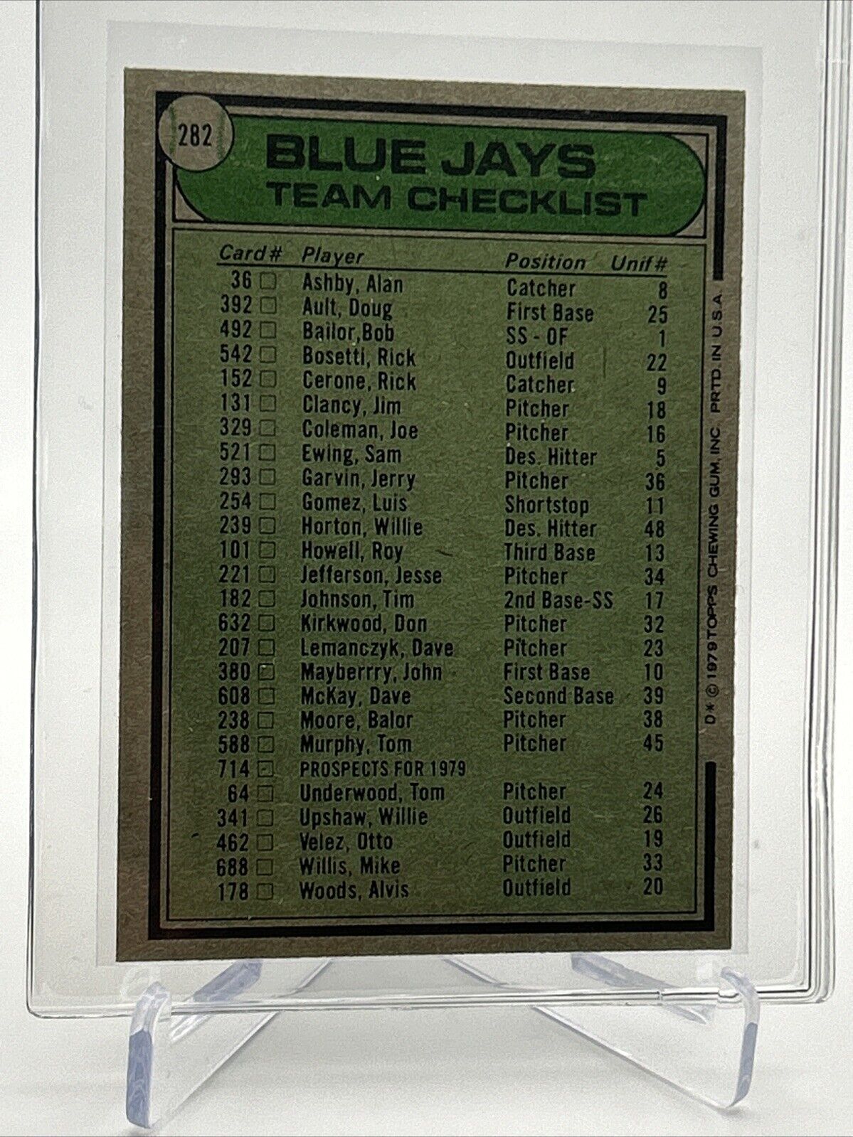 1979 Topps Toronto Blue Jays/Roy Hartsfield Card #282 Near Mint FREE SHIPPING