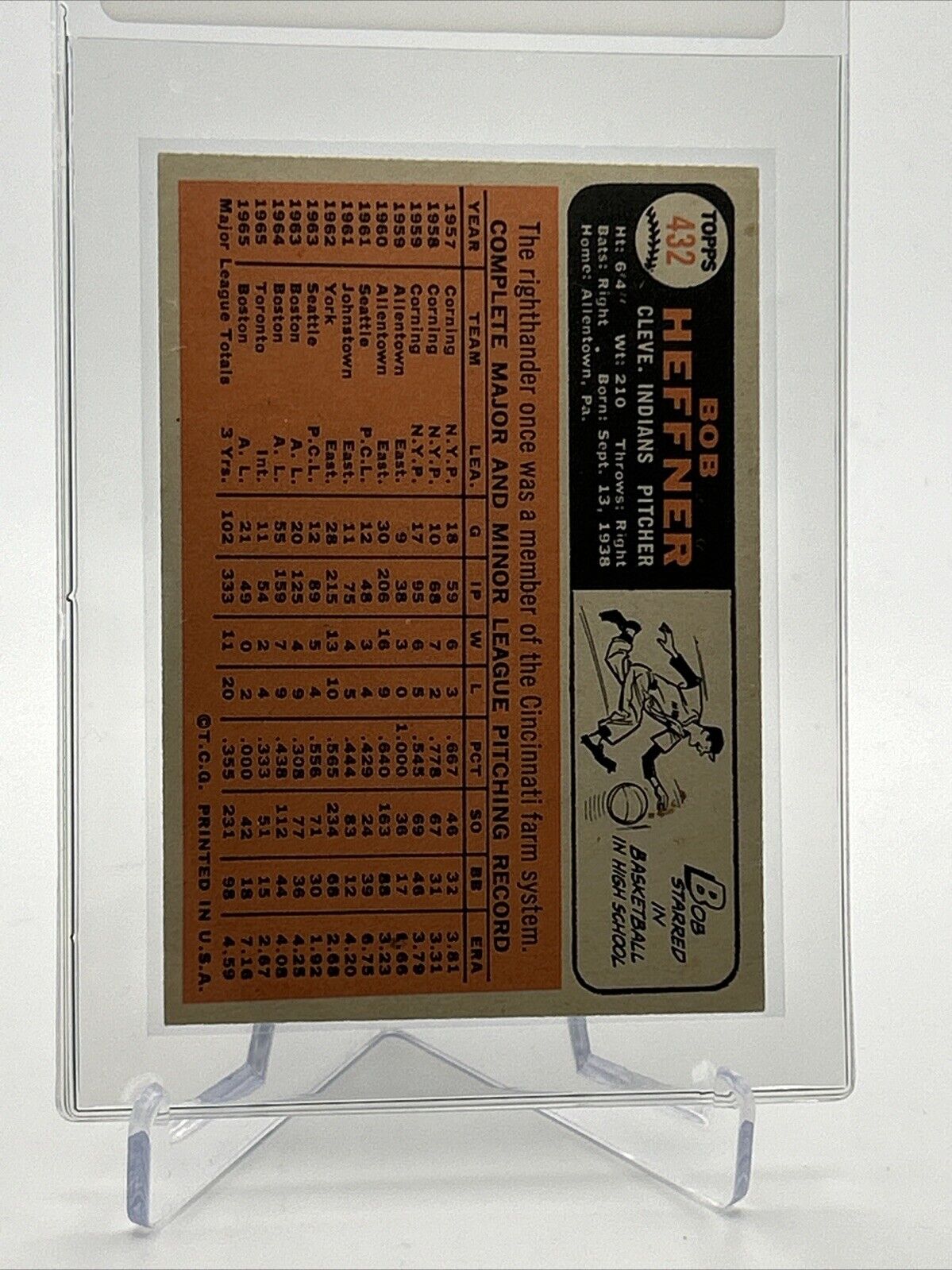 1966 Topps Bob Heffner Baseball Card #432 EX Quality FREE SHIPPING