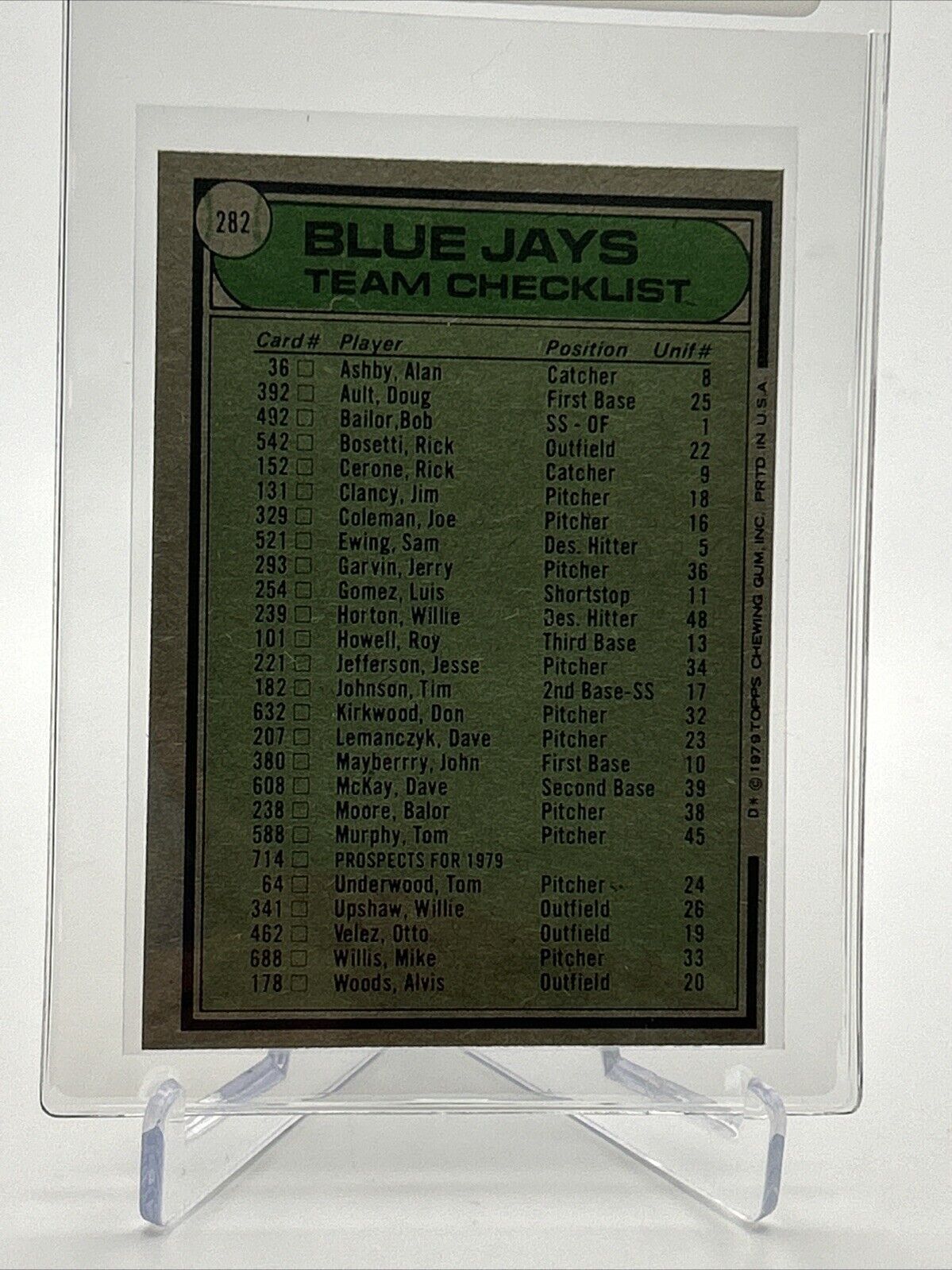 1979 Topps Toronto Blue Jays/Roy Hartsfield Card #282 Near Mint #4 FREE SHIPPING