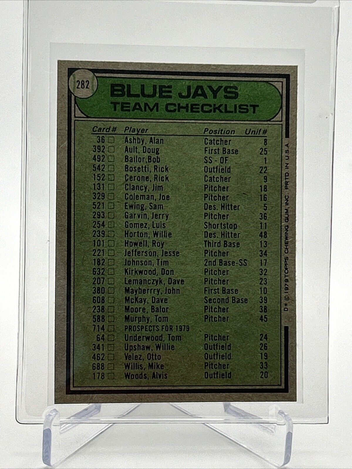 1979 Topps Toronto Blue Jays/Roy Hartsfield Card #282 Near Mint #3 FREE SHIPPING
