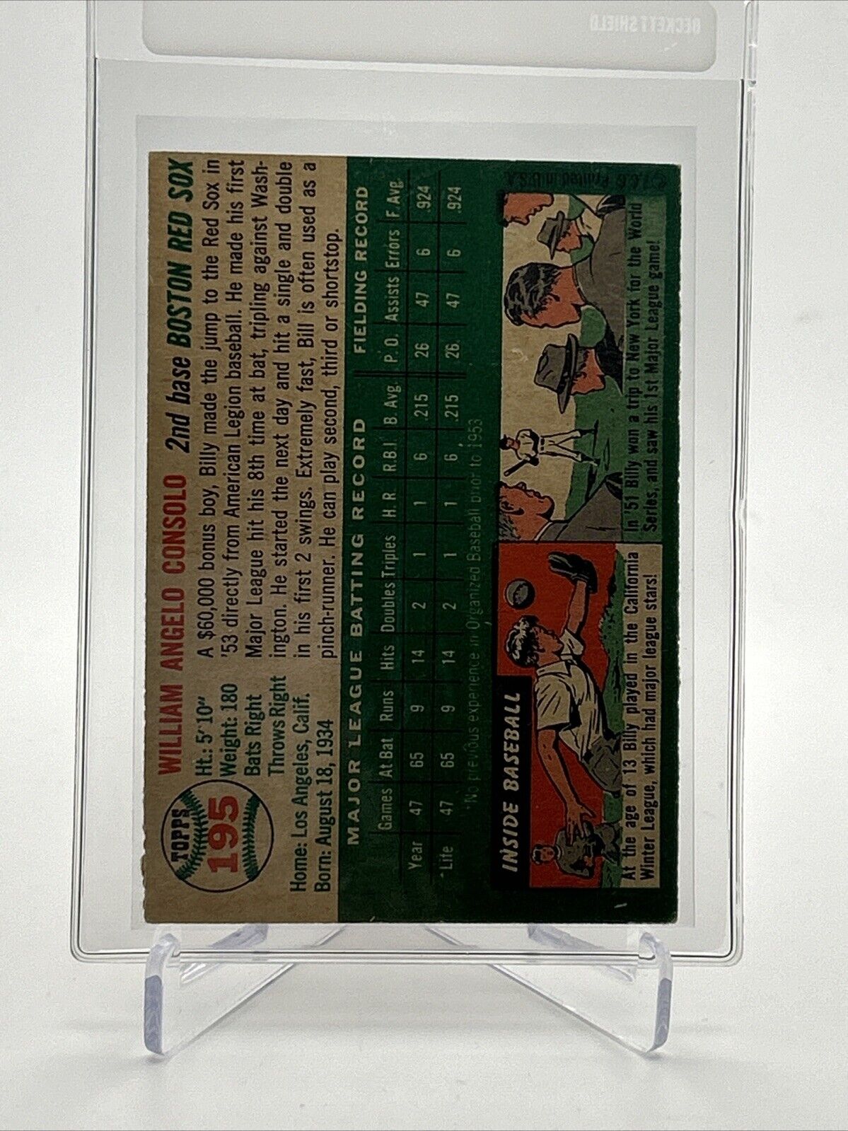 1954 Topps Bill Consolo Rookie Baseball Card #195 VG-EX Quality FREE SHIPPING