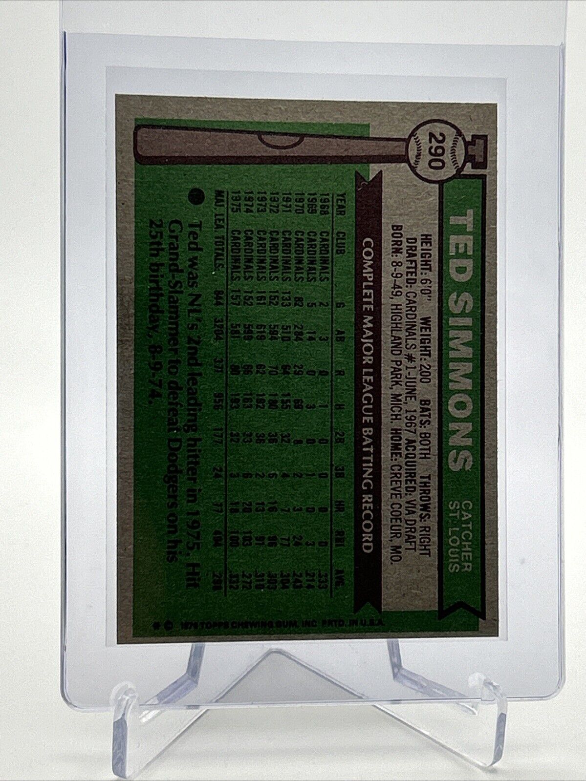 1976 Topps Ted Simmons Baseball Card #290 EX Quality #3 FREE SHIPPING