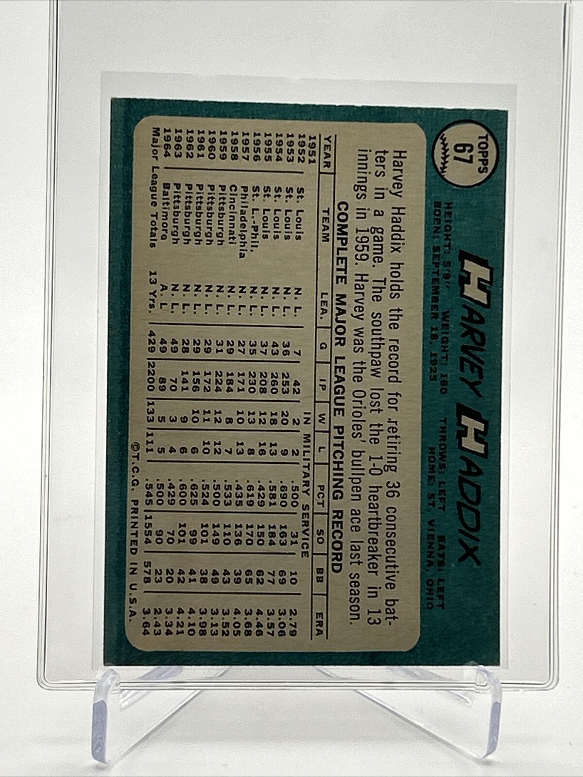 1965 Topps Harvey Haddix Baseball Card #67 EX Quality FREE SHIPPING