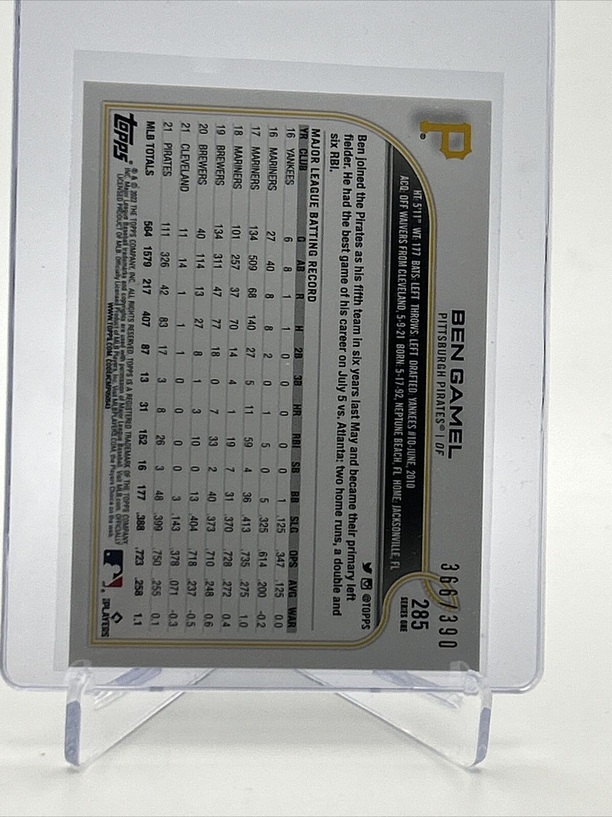 2022 Topps HOBBY FOILBOARD Ben Gamel Baseball Card #285 /390 FREE SHIPPING