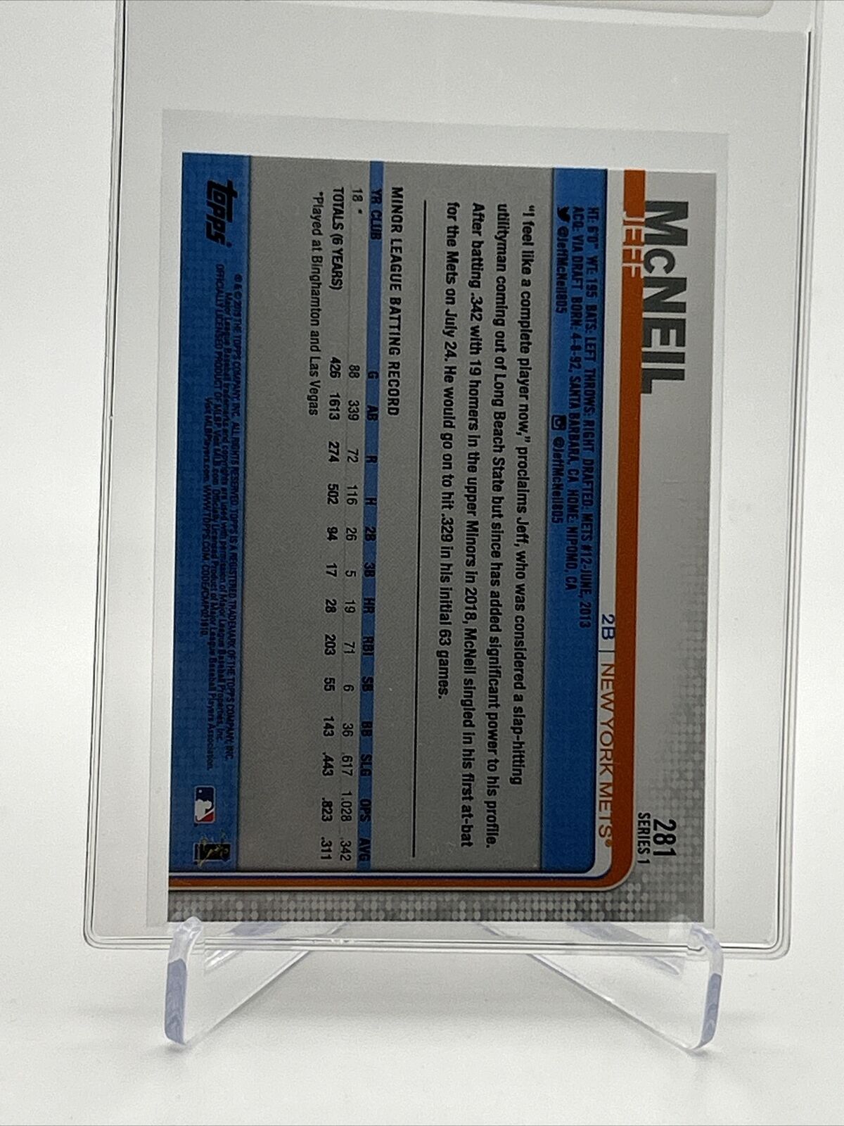2019 Topps Jeff McNeil Rookie Baseball Card #281 Mint FREE SHIPPING
