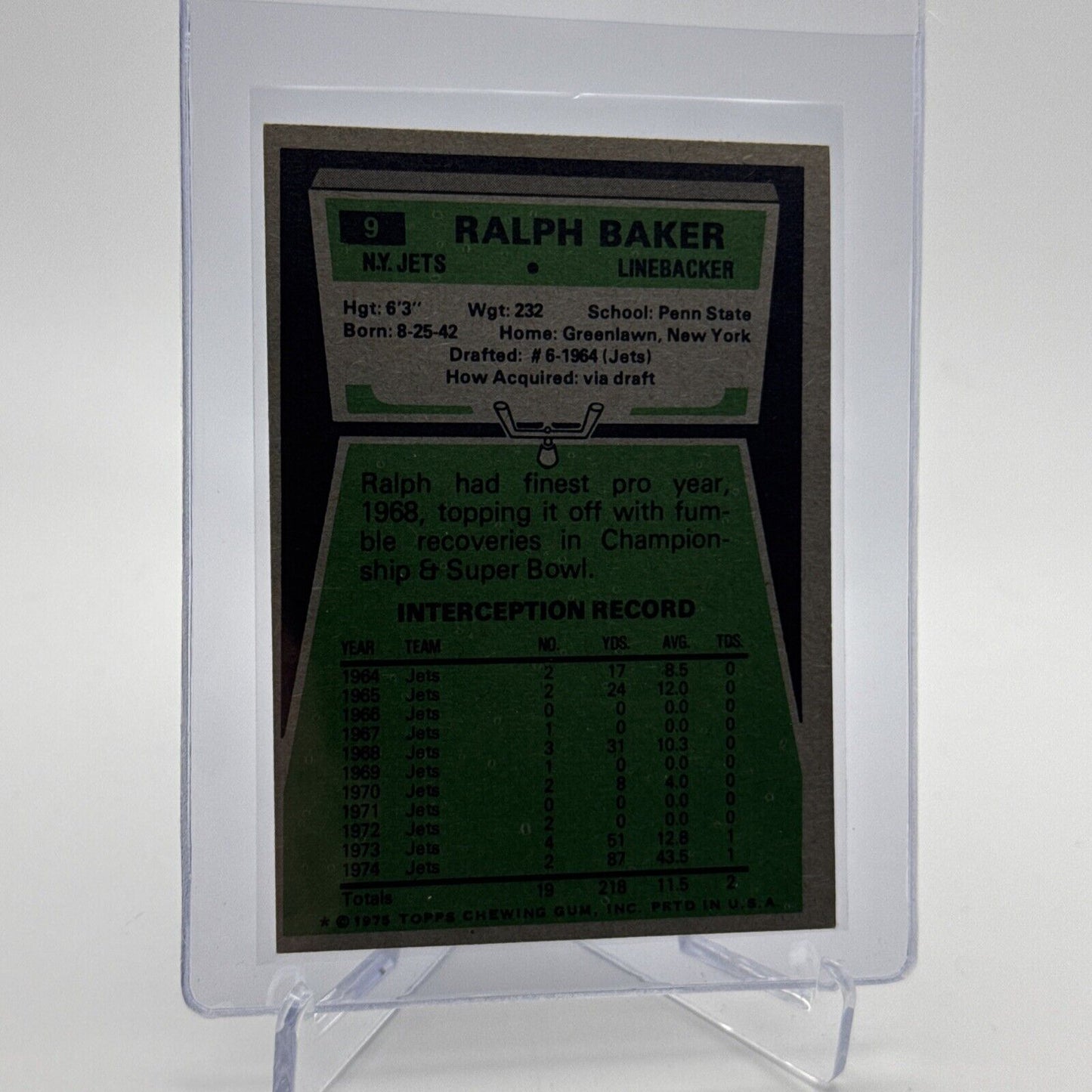 1975 Topps Ralph Baker Football Card #9 NM Quality #2 FREE SHIPPING