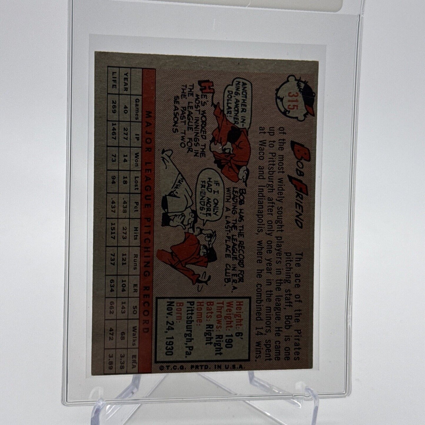 1958 Topps Bob Friend Baseball Card #315 EX Quality #3 FREE SHIPPING