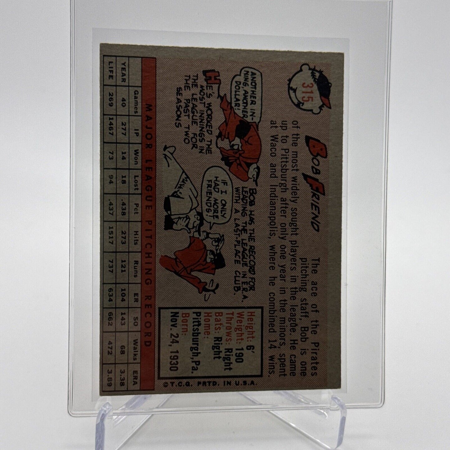 1958 Topps Bob Friend Baseball Card #315 EX Quality #5 FREE SHIPPING