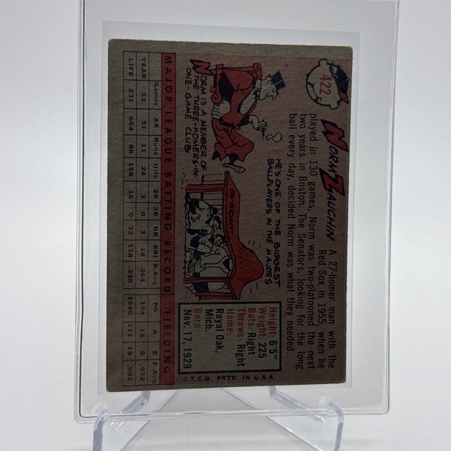 1958 Topps Norm Zauchin Baseball Card #422 EX Quality #2 FREE SHIPPING