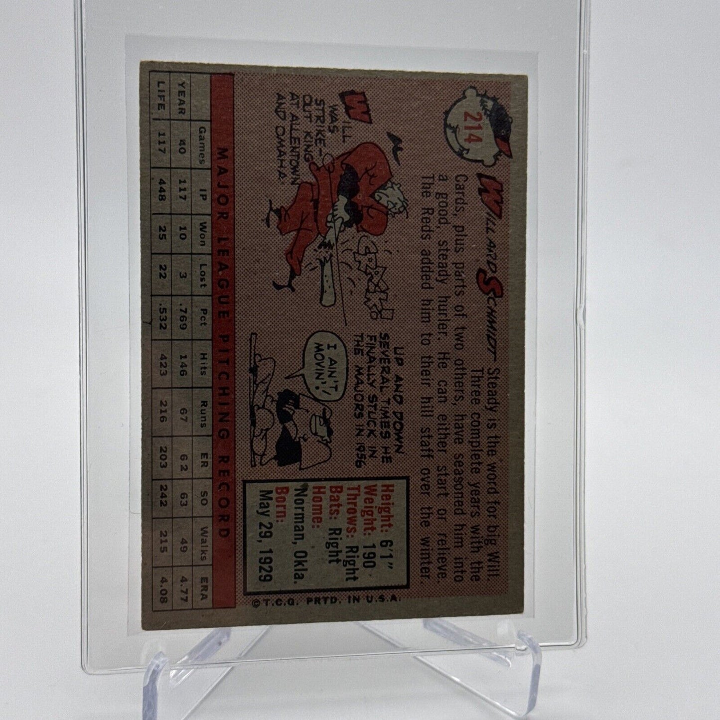 1958 Topps Willard Schmidt Baseball Card #214 EX Quality FREE SHIPPING