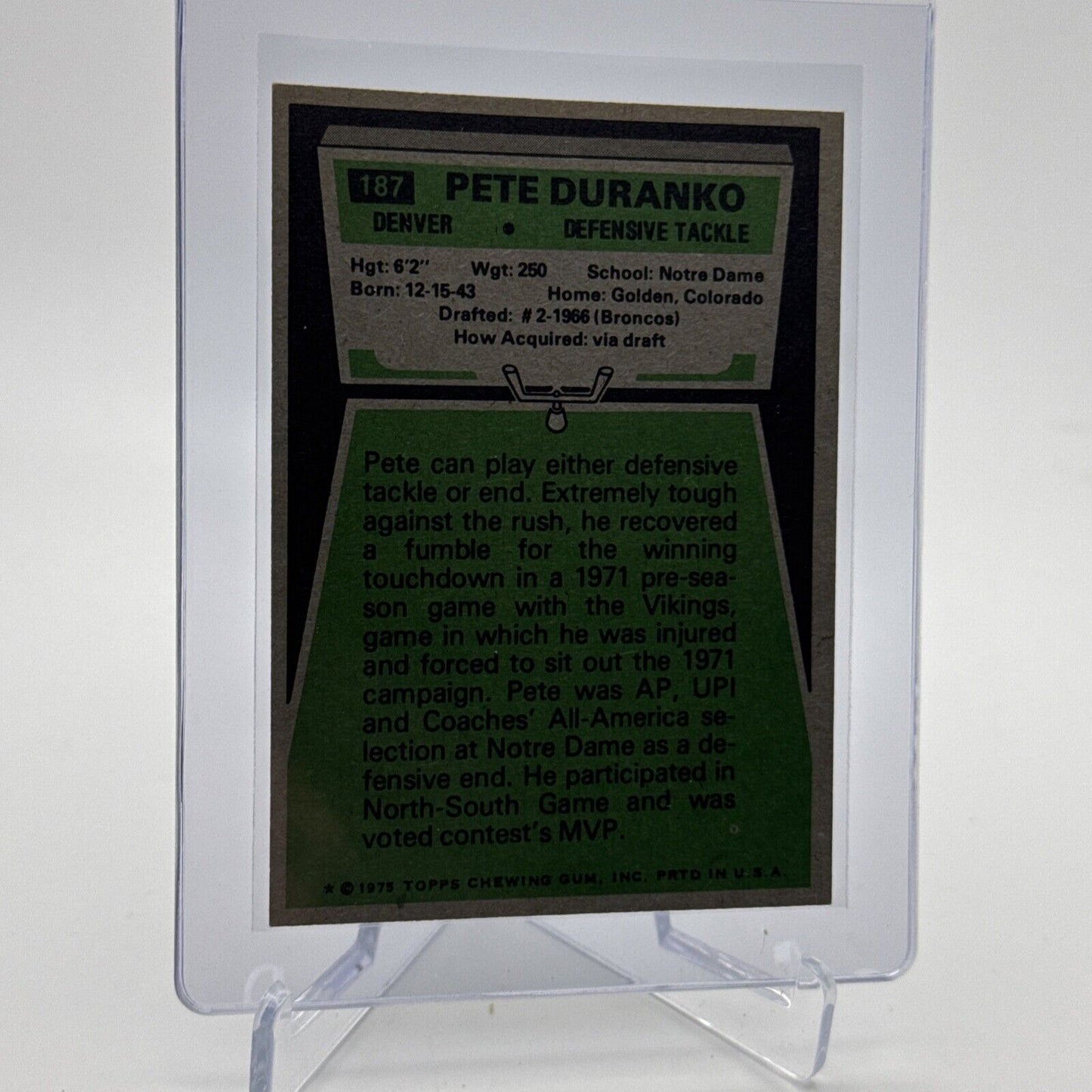 1975 Topps Pete Duranko Football Card #187 NM Quality #6 FREE SHIPPING