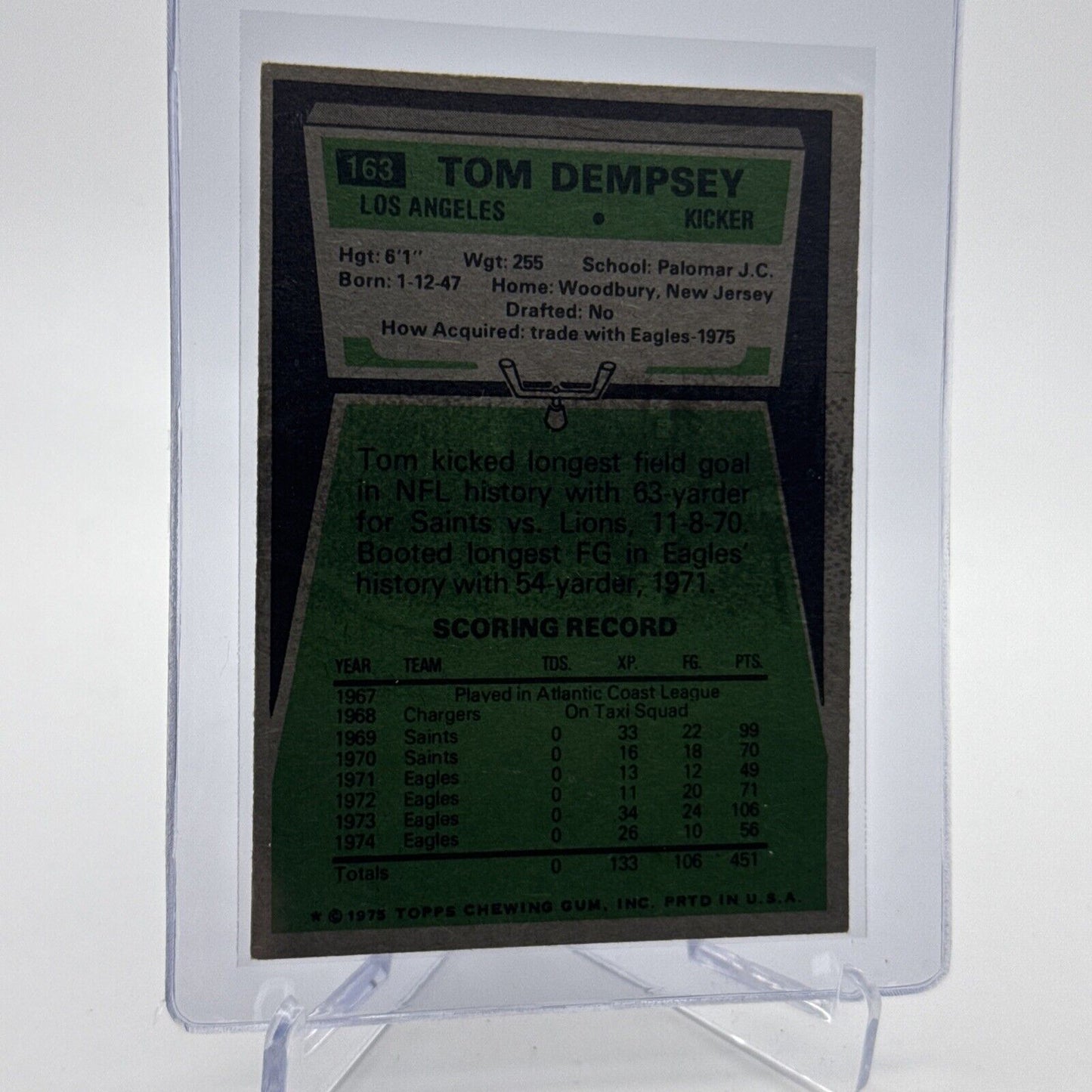 1975 Topps Tom Dempsey Football Card #163 NM Quality #4 FREE SHIPPING