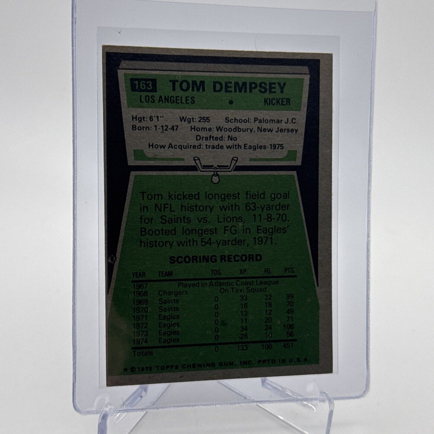 1975 Topps Tom Dempsey Football Card #163 NM Quality #3 FREE SHIPPING