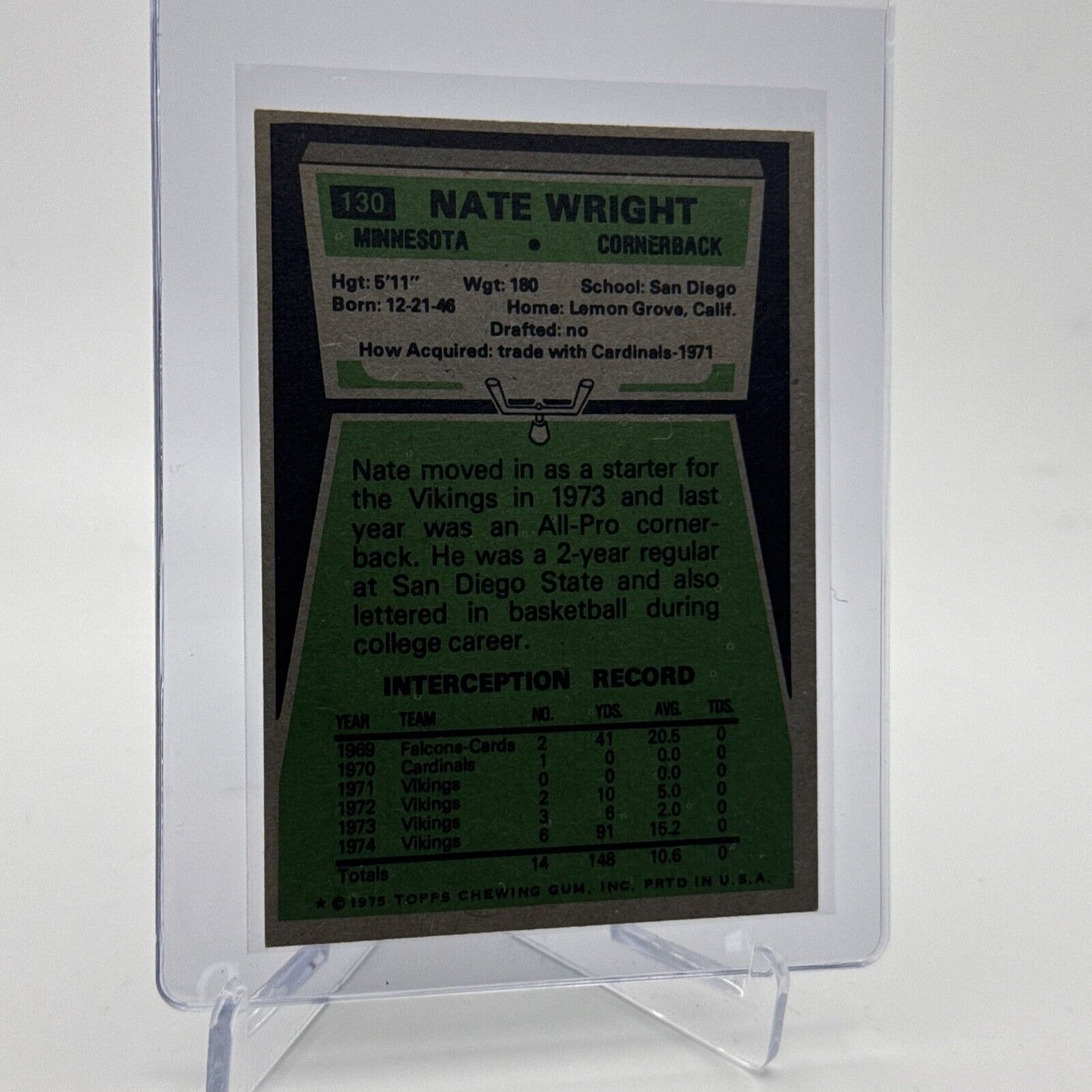 1975 Topps Nate Wright Rookie Football Card #130 NM Quality #3 FREE SHIPPING