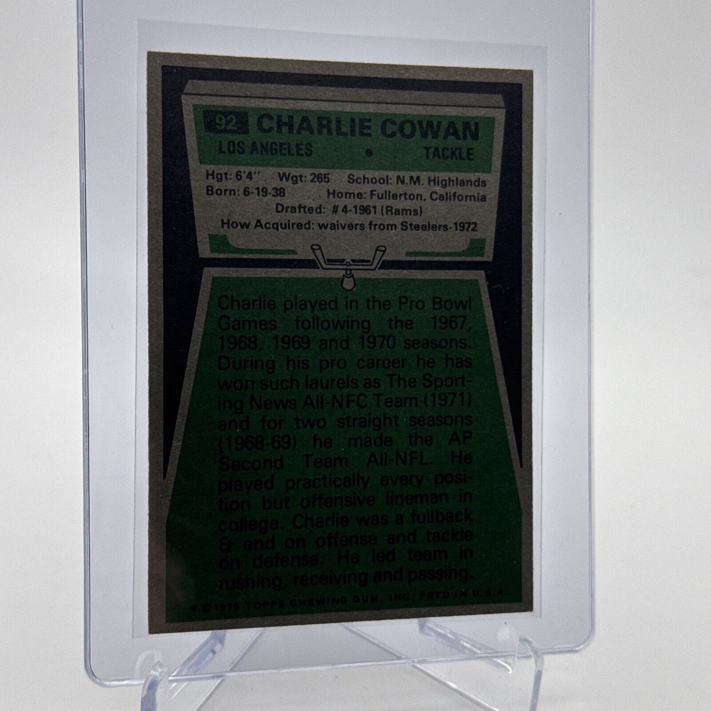 1975 Topps Charles Cowan Football Card #92 NM Quality #6 FREE SHIPPING