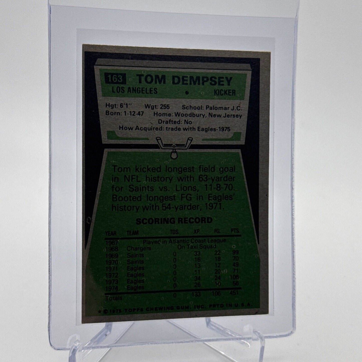 1975 Topps Tom Dempsey Football Card #163 NM Quality #2 FREE SHIPPING