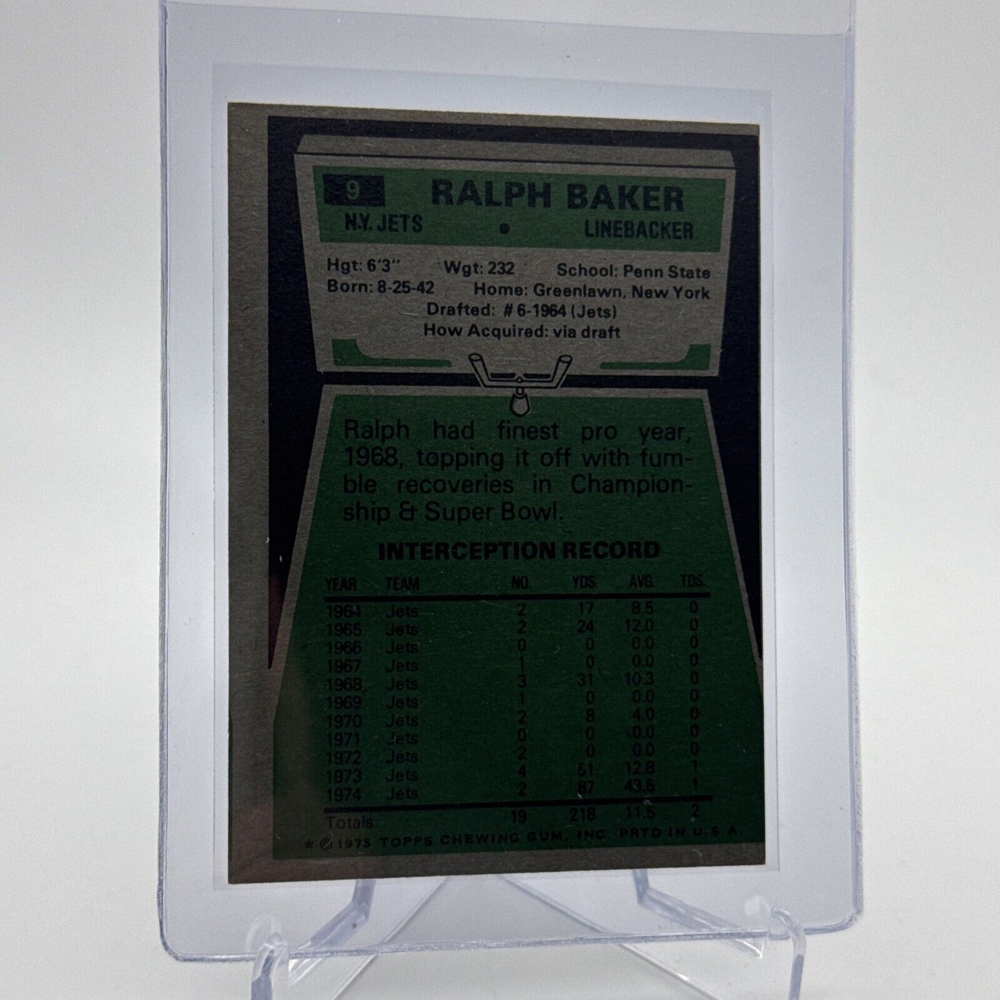 1975 Topps Ralph Baker Football Card #9 NM Quality #4 FREE SHIPPING