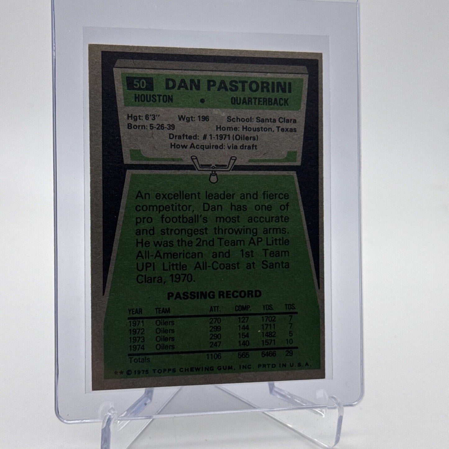 1975 Topps Dan Pastorini Football Card #50 NM Quality #3 FREE SHIPPING