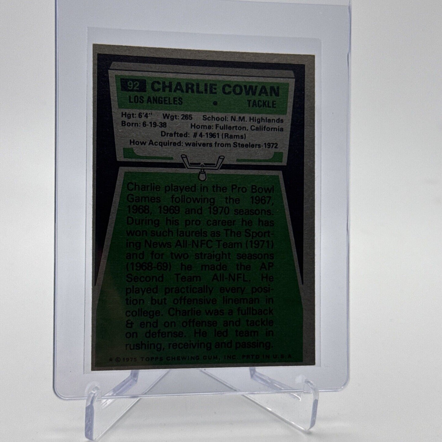 1975 Topps Charles Cowan Football Card #92 NM Quality #3 FREE SHIPPING