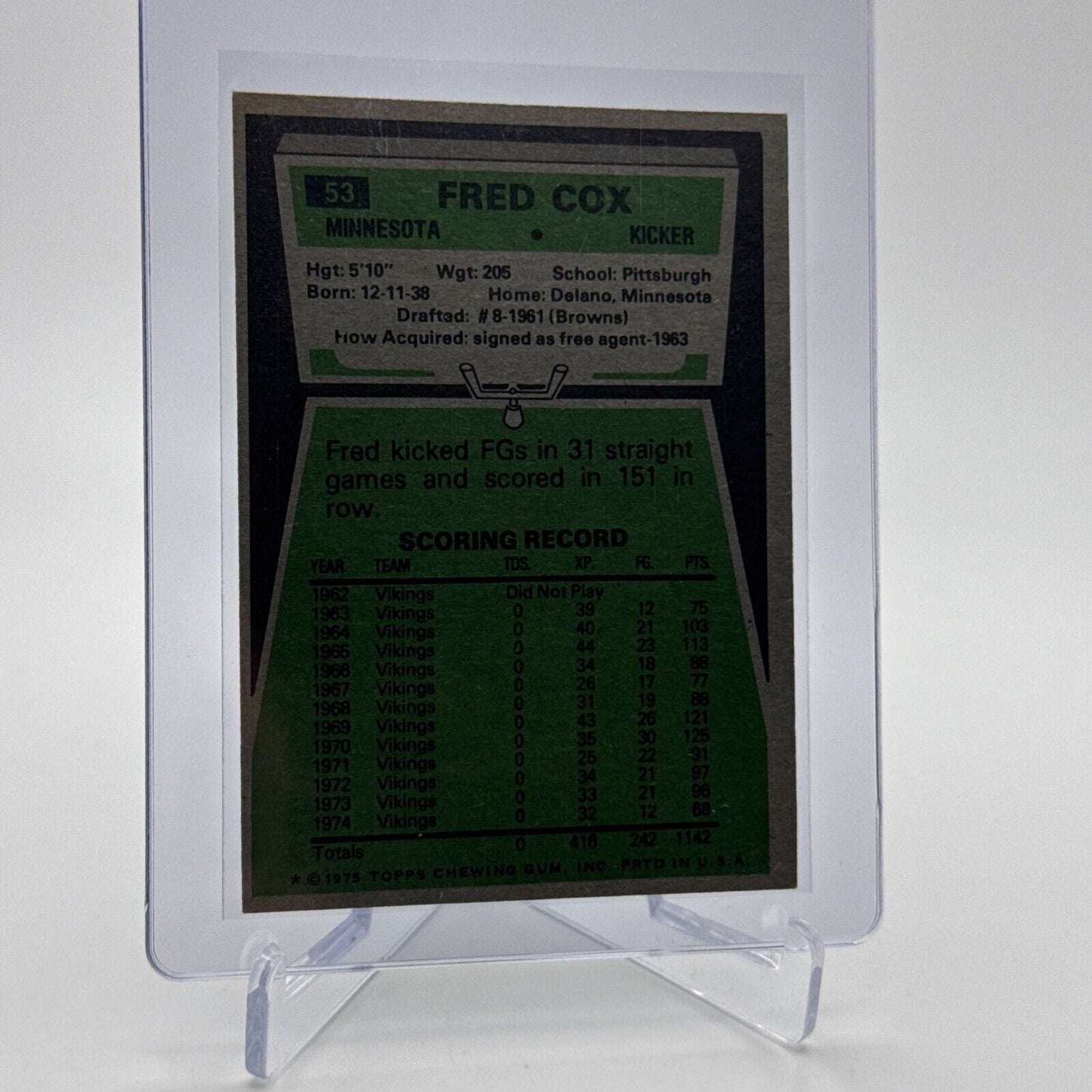 1975 Topps Fred Cox Football Card #53 NM Quality #4 FREE SHIPPING