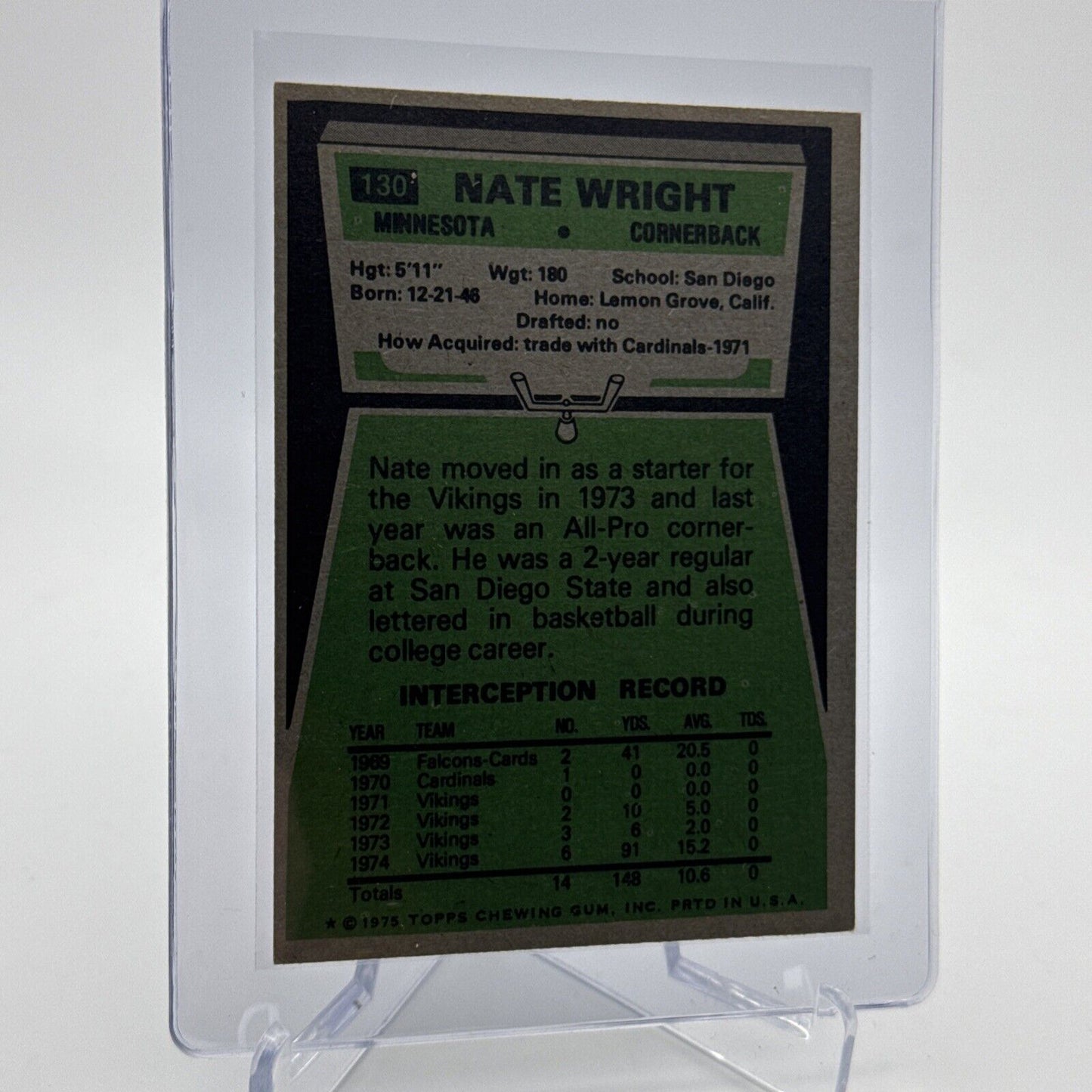 1975 Topps Nate Wright Rookie Football Card #130 NM Quality #2 FREE SHIPPING