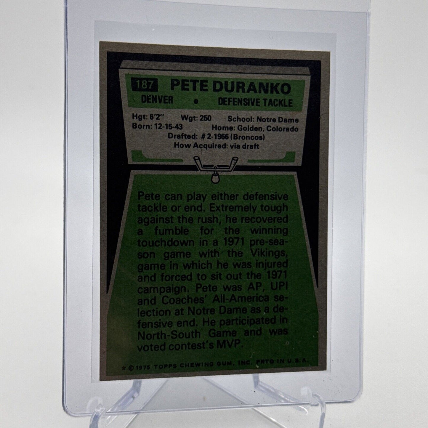 1975 Topps Pete Duranko Football Card #187 NM Quality #8 FREE SHIPPING