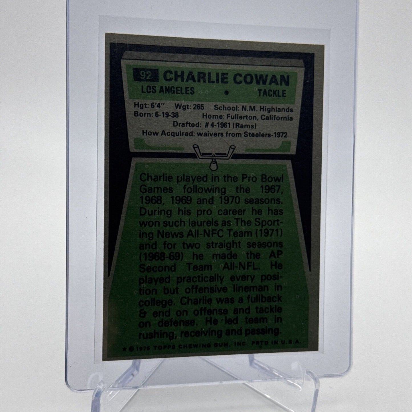 1975 Topps Charles Cowan Football Card #92 NM Quality #7 FREE SHIPPING