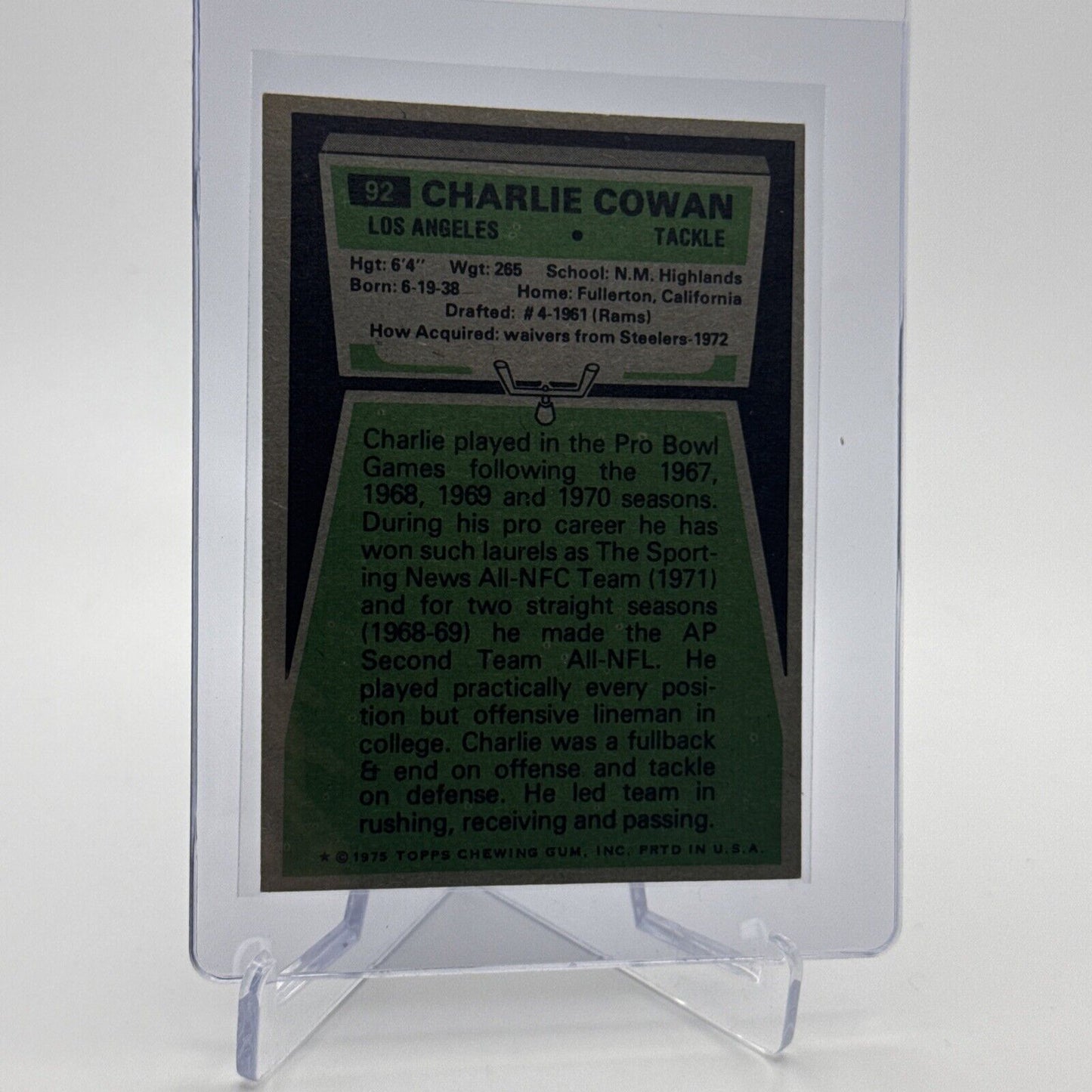 1975 Topps Charles Cowan Football Card #92 NM Quality #2 FREE SHIPPING