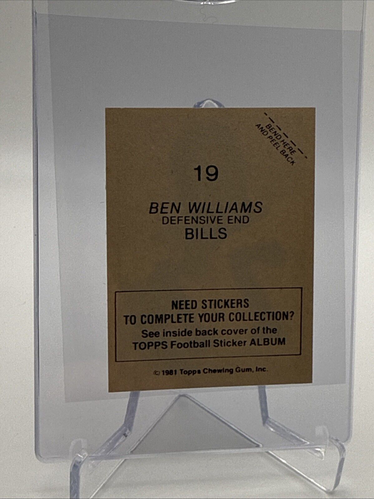 1981 Topps Ben Williams Football Sticker Card #19 NM-MT FREE SHIPPING