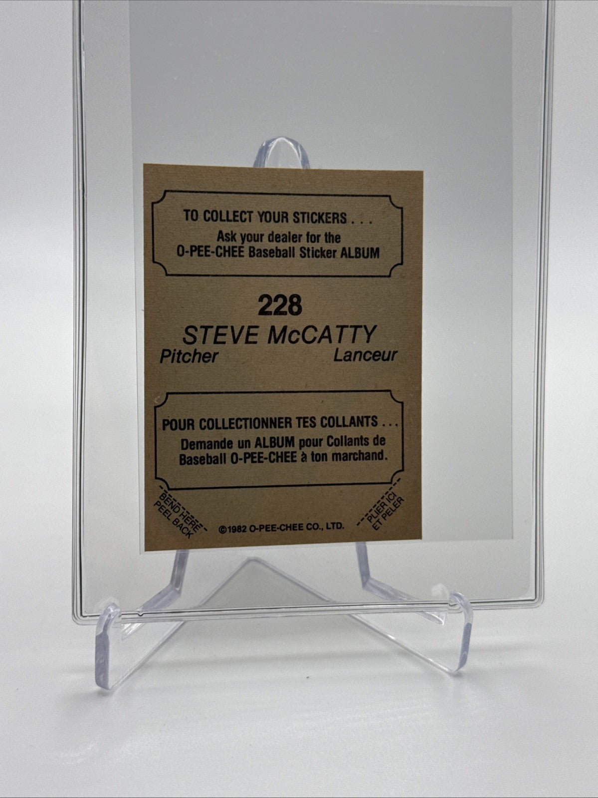 1982 O-Pee-Chee Stickers Steve McCatty Baseball Card #228 NM-MT FREE SHIPPING