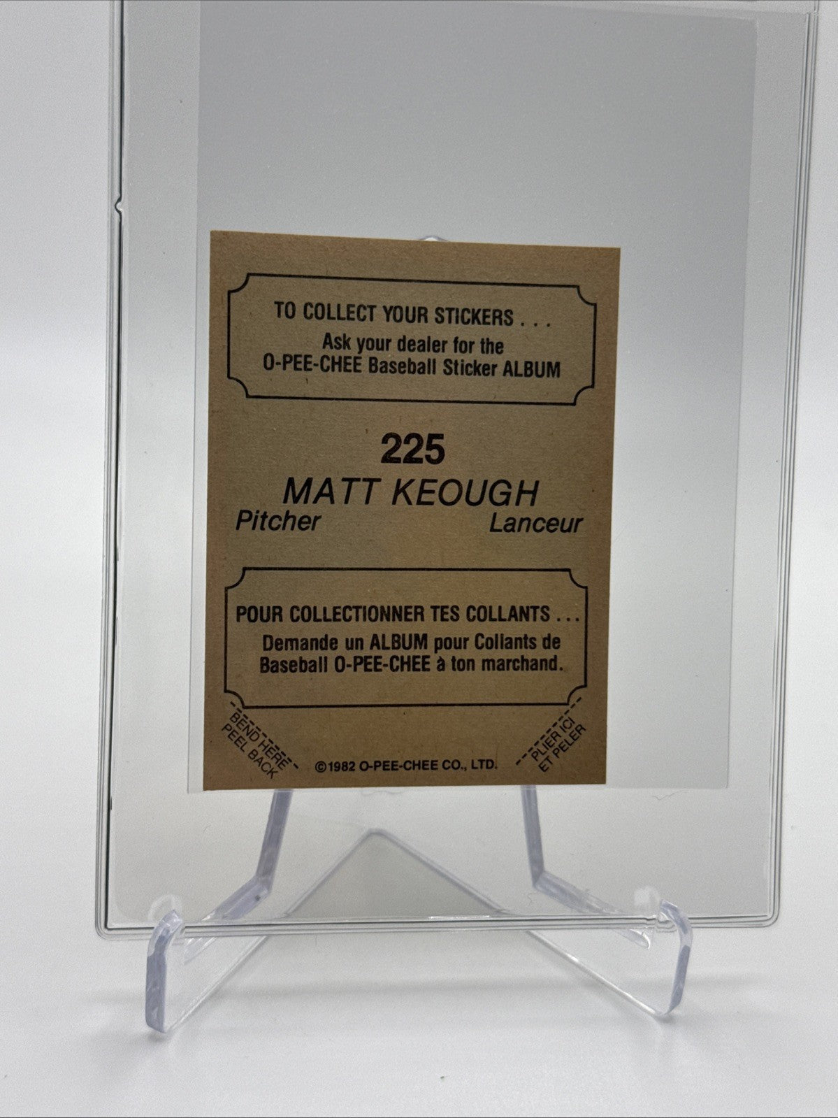 1982 O-Pee-Chee Stickers Matt Keough Baseball Card #225 NM-MT FREE SHIPPING