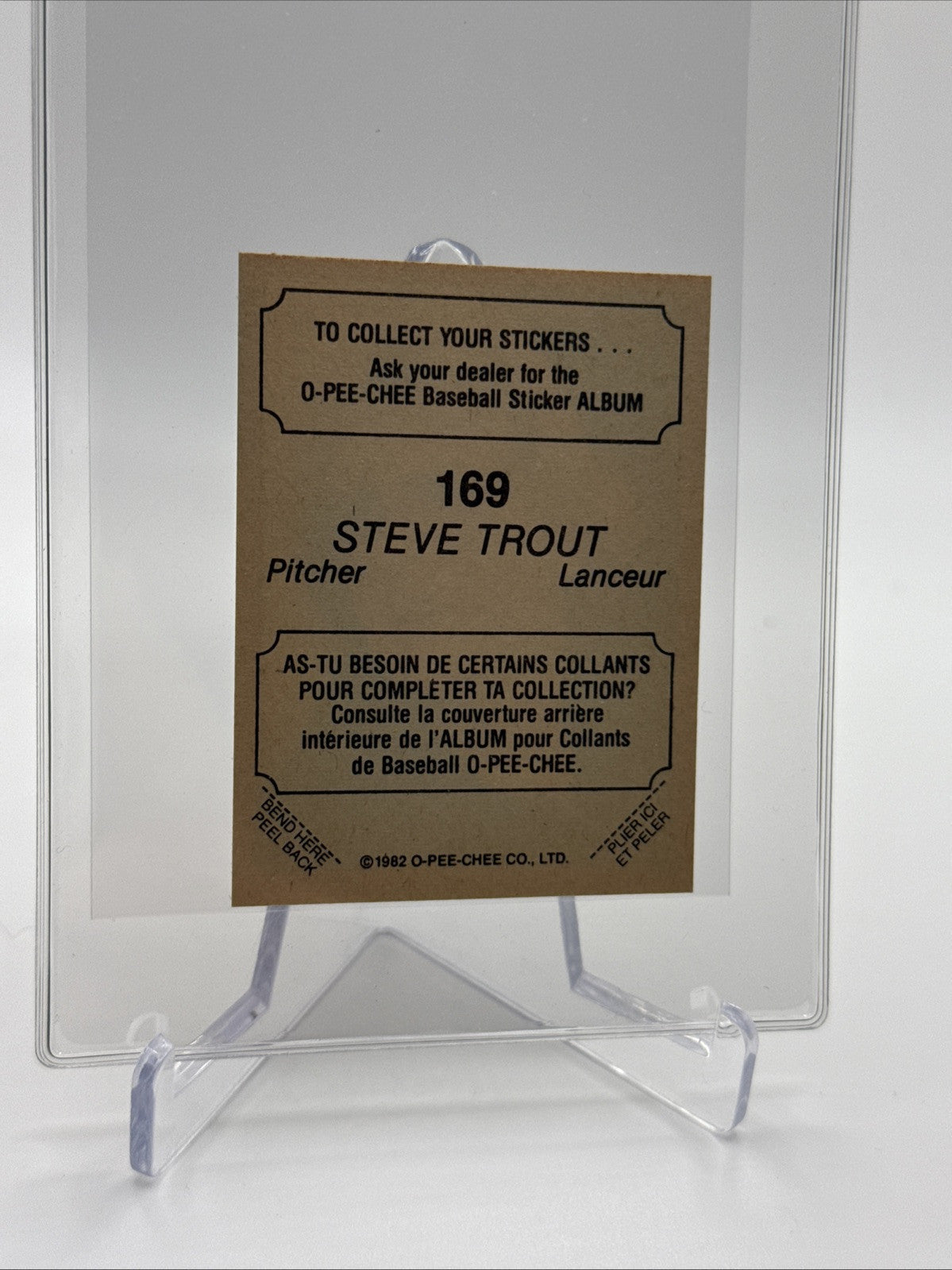 1982 O-Pee-Chee Stickers Steve Trout Baseball Card #169 NM-MT FREE SHIPPING